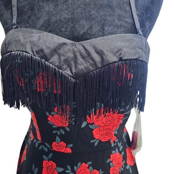 NWT Unique Vintage Red Rose Print Fringe Girlie Swing Dress XS 2 - Picture 8 of 11